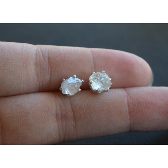 Sterling silver stud earrings, alternative diamond, uncut natural gemsto… - Picture 3 of 5